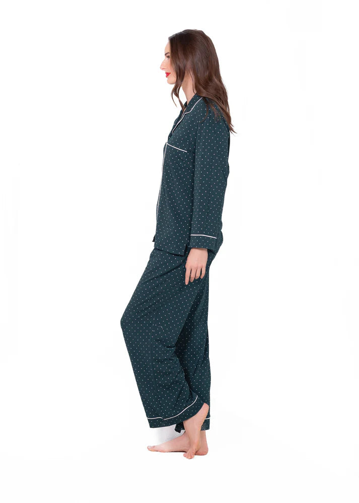 Long Sleeve Notch Collar Pajama Gift Set - Green Dots