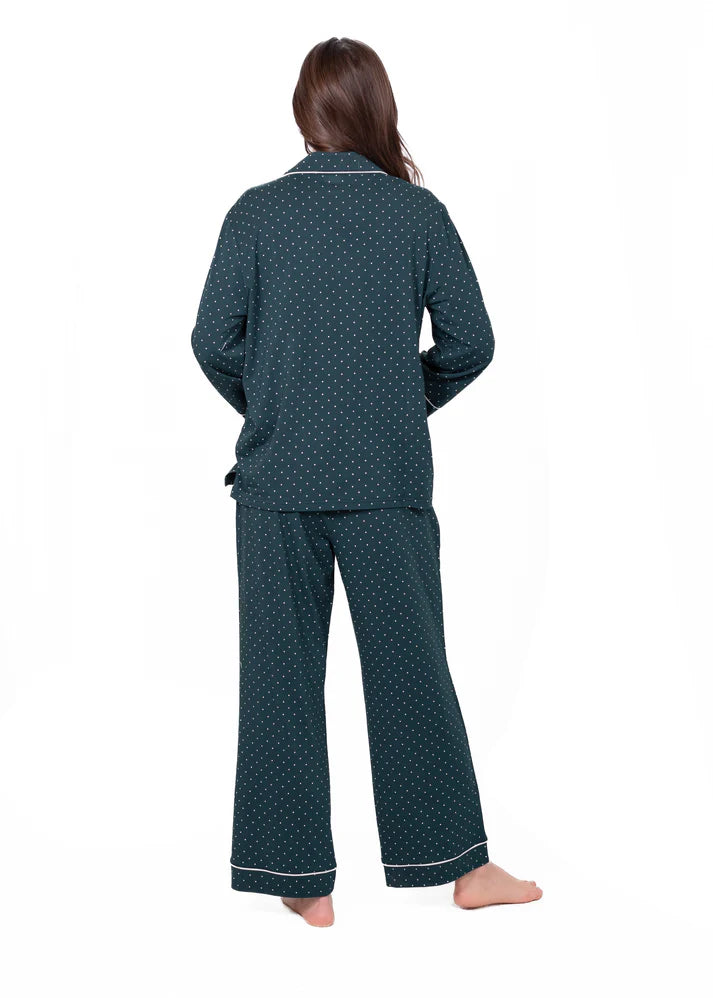 Long Sleeve Notch Collar Pajama Gift Set - Green Dots