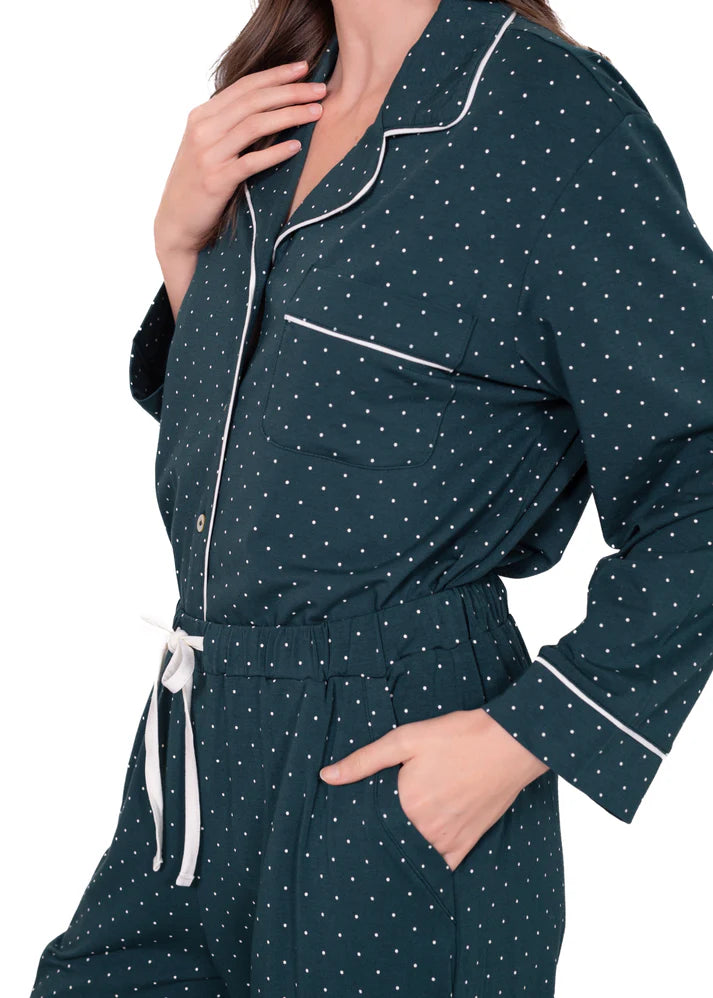 Long Sleeve Notch Collar Pajama Gift Set - Green Dots