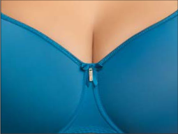 Close-up of a blue seamless bra with a front zipper closure, shown on a model's chest.