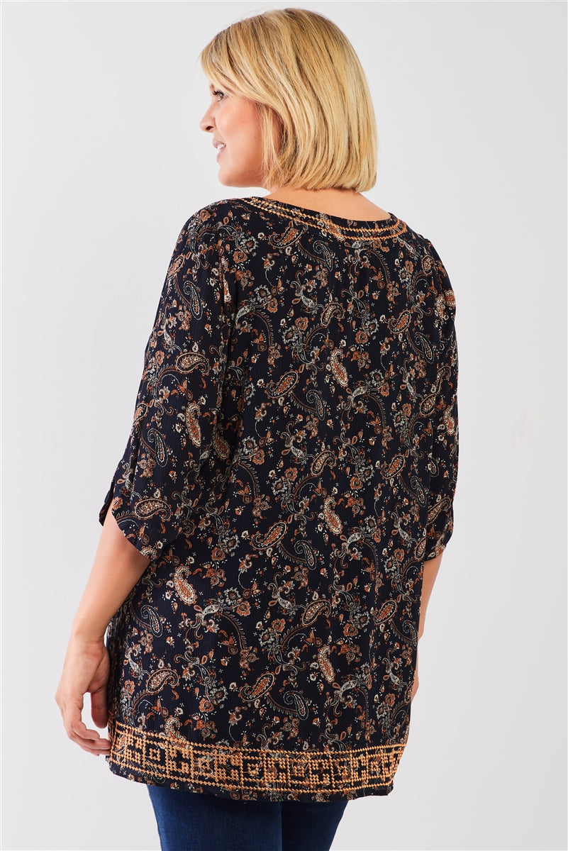 Paisley Print Slit Neck 3/4 Sleeve Tunic Top