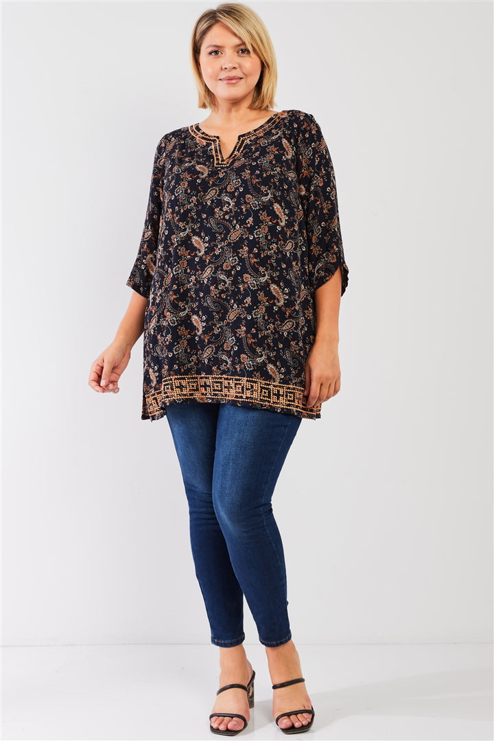 Paisley Print Slit Neck 3/4 Sleeve Tunic Top