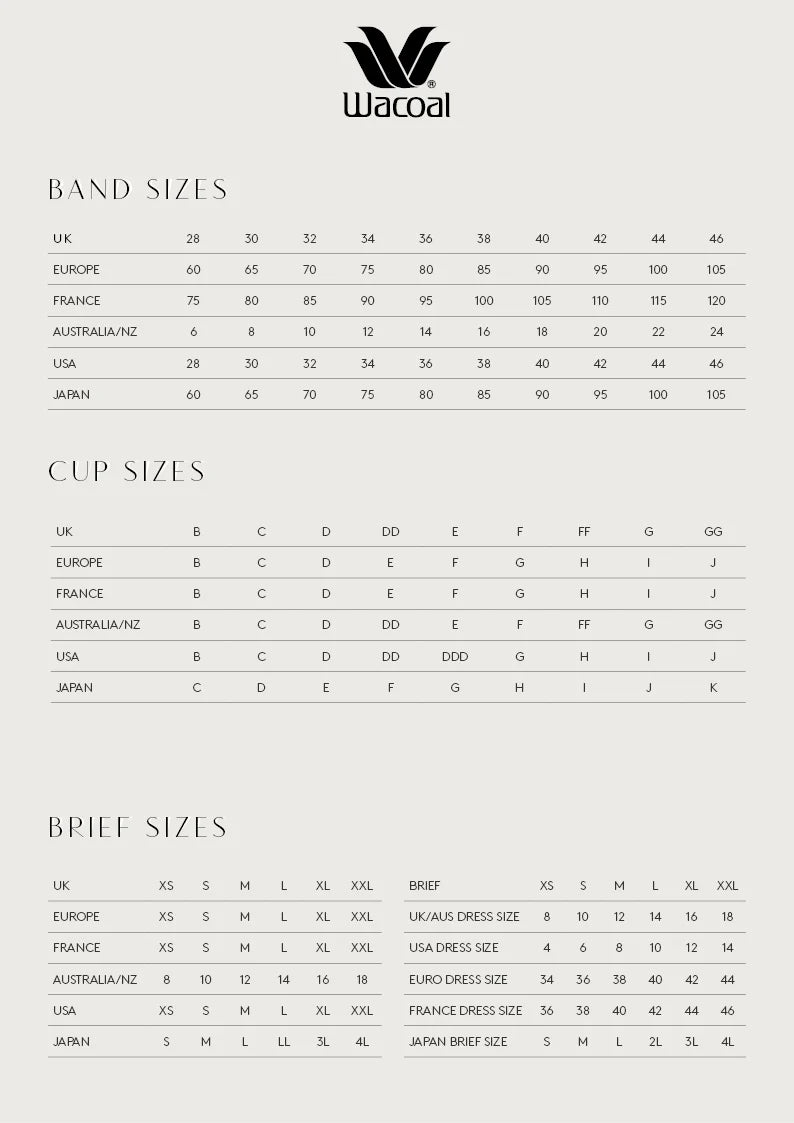 A size chart sheet for Wacoal footwear, displaying tables for Band Sizes, Cup Sizes, and Brief Sizes with UK, Europe, France, Australia-NZ, USA, and Japan sizes and cup letters on a light gray background.