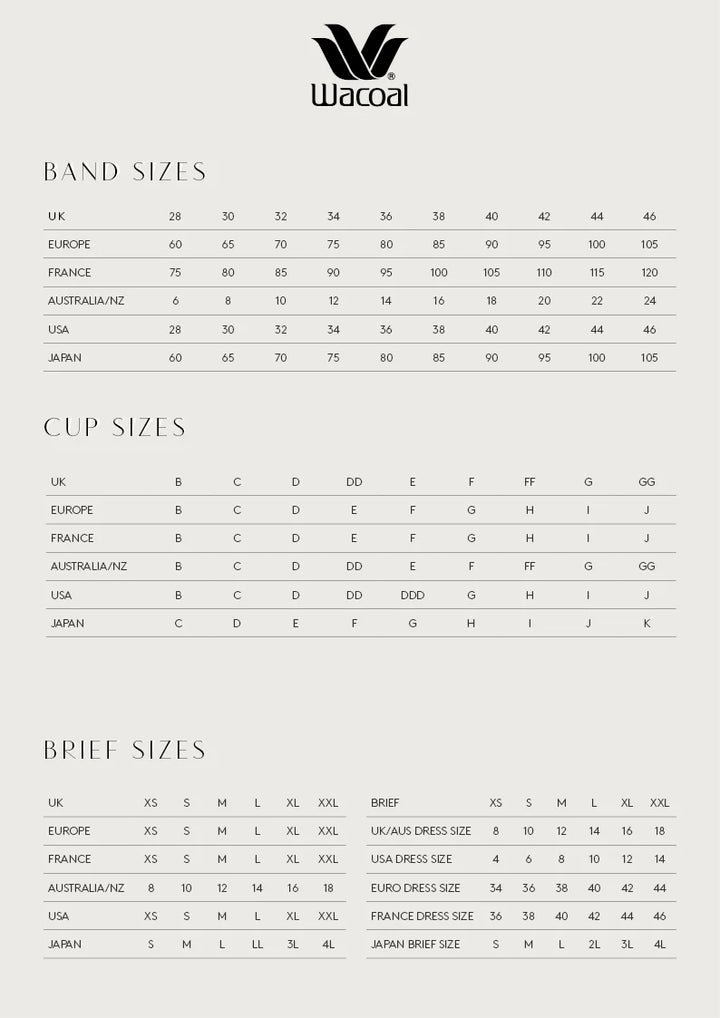 A size chart sheet for Wacoal footwear, displaying tables for Band Sizes, Cup Sizes, and Brief Sizes with UK, Europe, France, Australia-NZ, USA, and Japan sizes and cup letters on a light gray background.