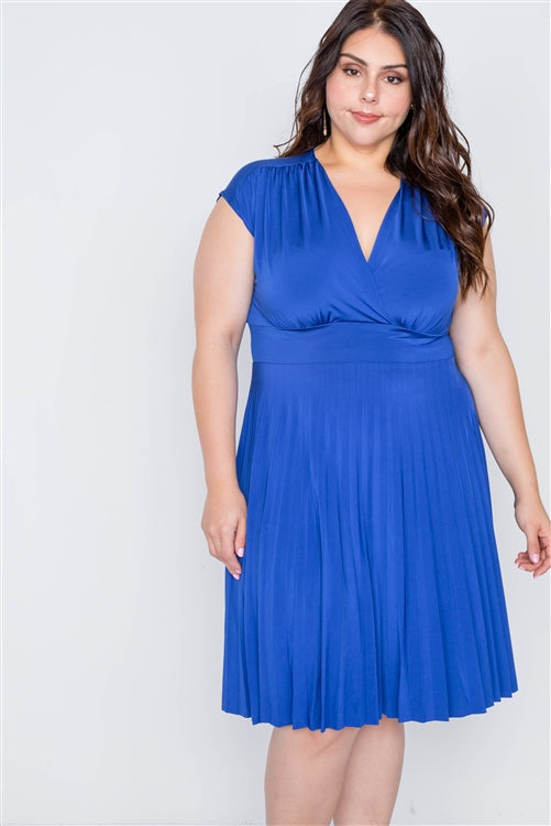 Cobalt Pleat Accordion Fit & Flair Dress
