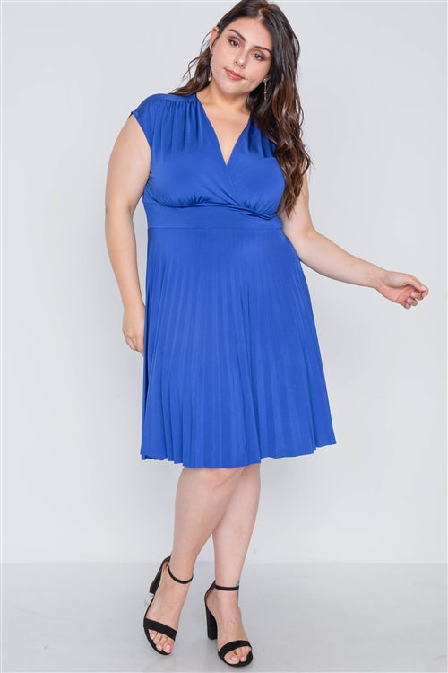 Cobalt Pleat Accordion Fit & Flair Dress