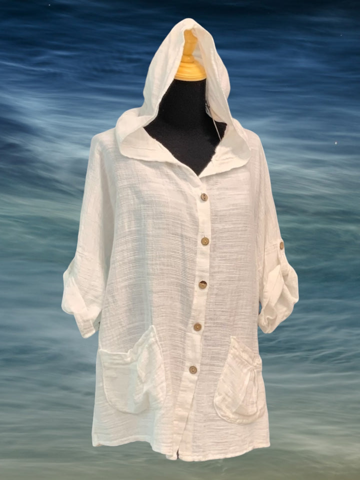 Woven Cotton Button Front Hoodie