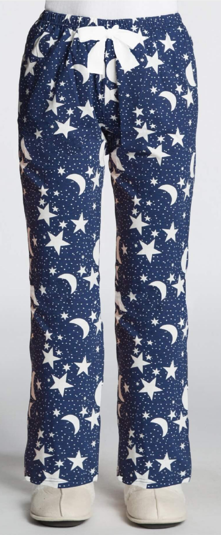 Navy blue pants with star and moon pattern, displayed with patterned fabric swatches labeled 'Movie Night', 'Sheep Walker', 'Coffee Cats', and 'Moon & Stars'.