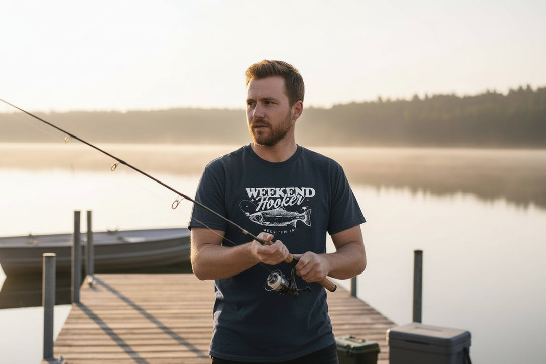 A man stands on a wooden dock by a calm lake at sunset, holding a fishing rod. He is wearing a Navy graphic t-shirt with the words 'WEEKEND FISHING' and a fish illustration printed on the front.