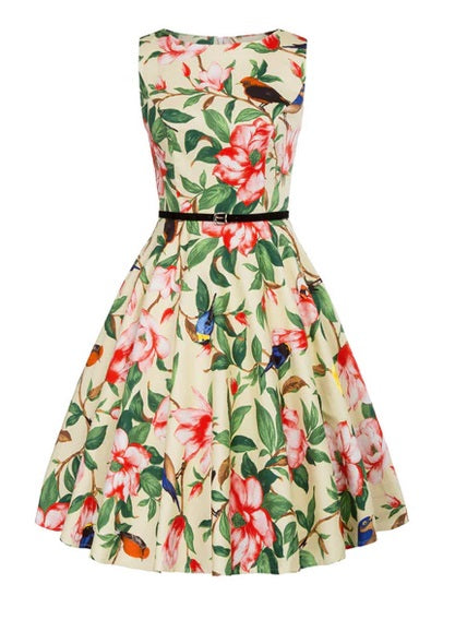 "Ruby" Birds & Flowers Boat Neck Dress