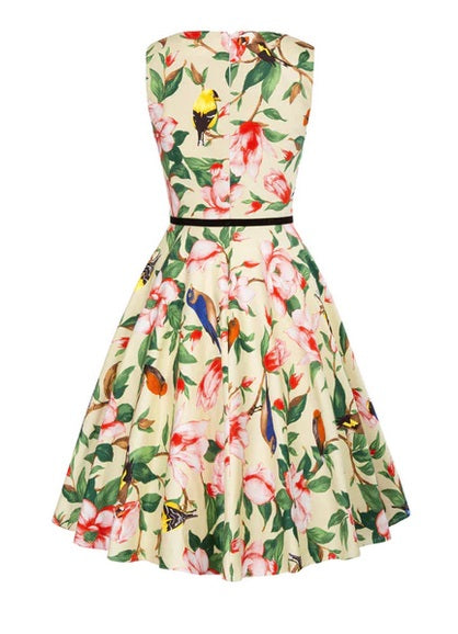 "Ruby" Birds & Flowers Boat Neck Dress