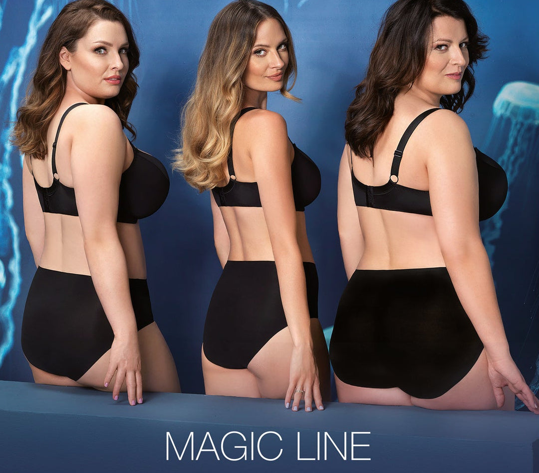 Three models wearing high-waisted briefs in black color, with the brand name 'Corin' and the text 'MAGIC LINE' prominently displayed.