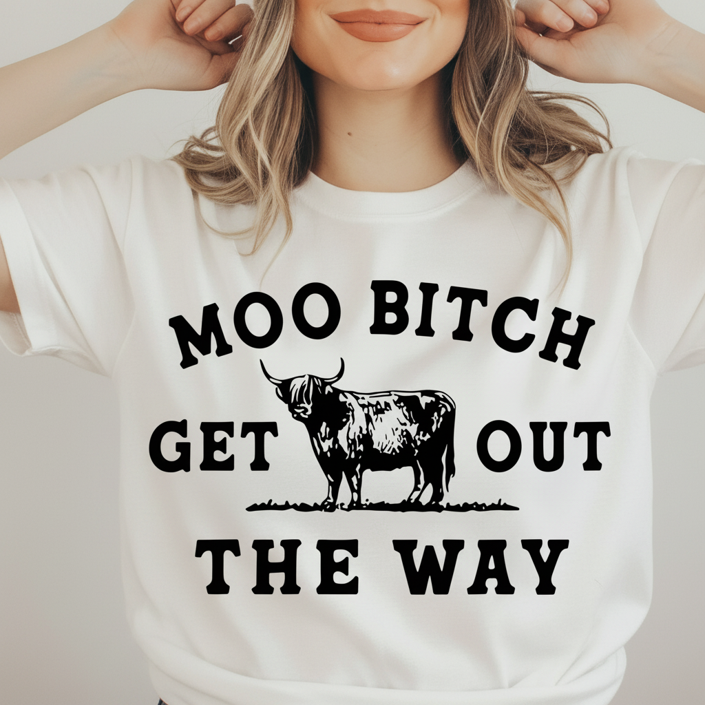 A woman wearing a cream t-shirt with a black graphic print that reads 'MOO BITCH GET OUT THE WAY' and features a black-and-white cow illustration in the center.