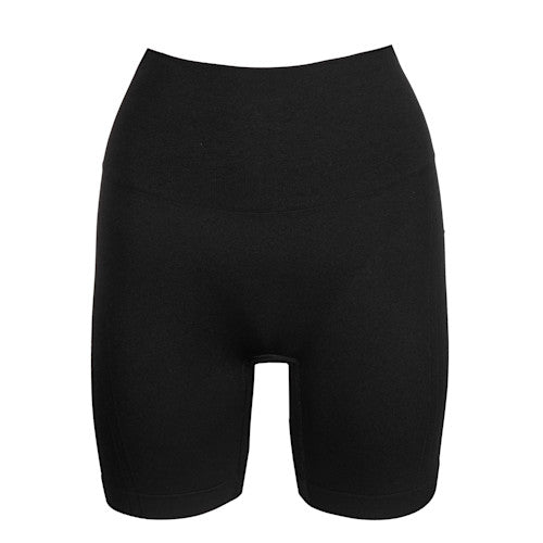Black high-waisted shorts on a white background