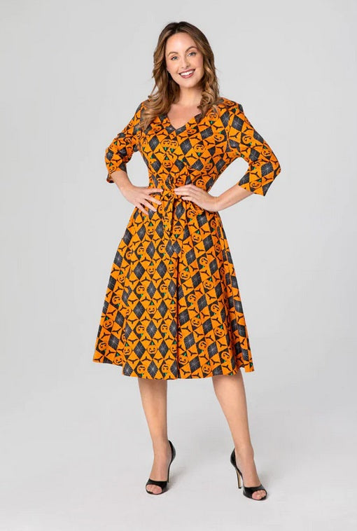 "Pamela" Halloween Pumpkins - 3/4 Sleeve A-Line Dress