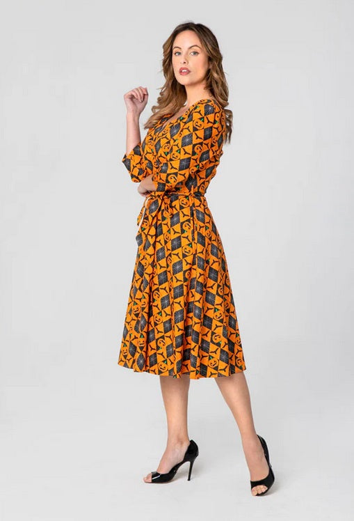 "Pamela" Halloween Pumpkins - 3/4 Sleeve A-Line Dress