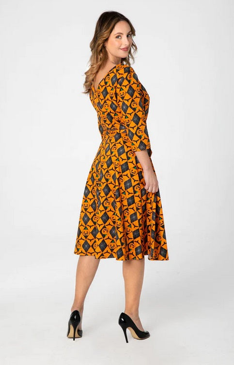 "Pamela" Halloween Pumpkins - 3/4 Sleeve A-Line Dress