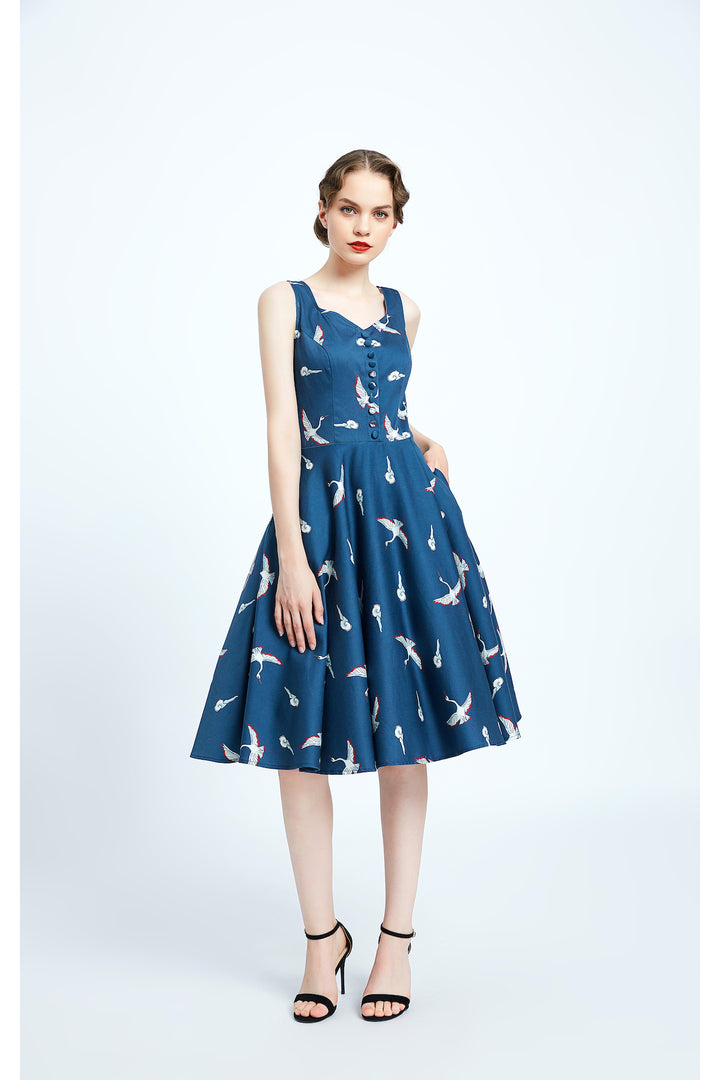 "Heidi" Flying Crane Fit & Flare Dress - Size Medium