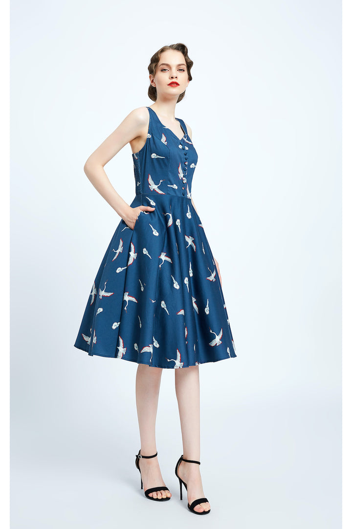 "Heidi" Flying Crane Fit & Flare Dress - Size Medium