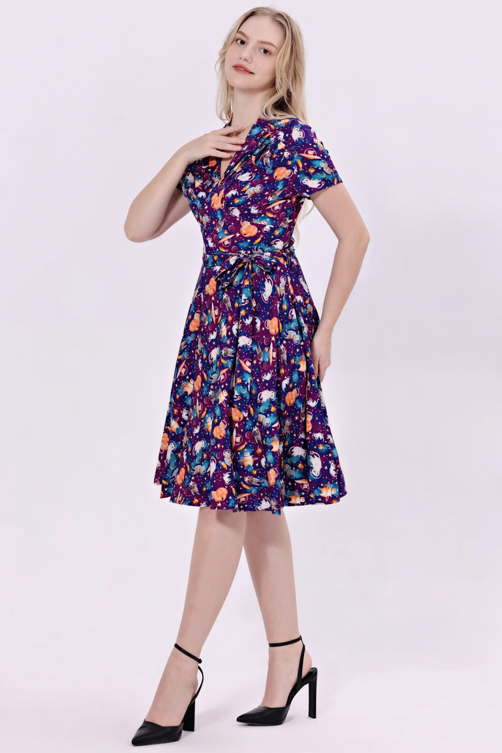 "Rose" Space Cats Soysilk Fit & Flare Dress with Pockets