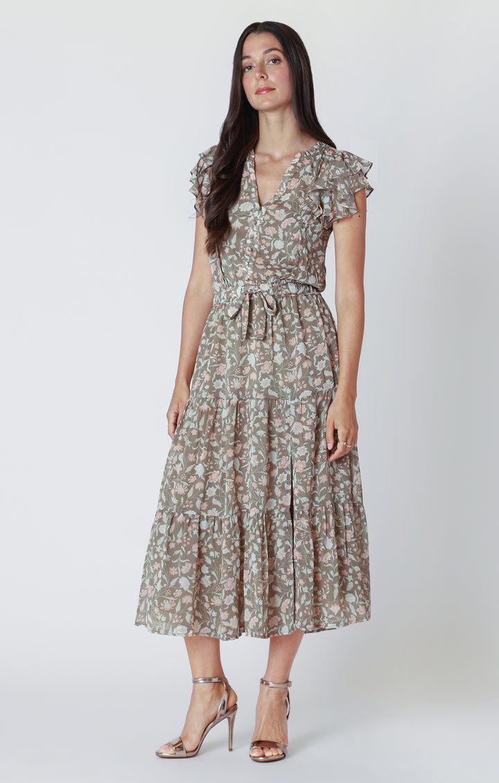 Flutter Sleeve Tiered Midi Dress
