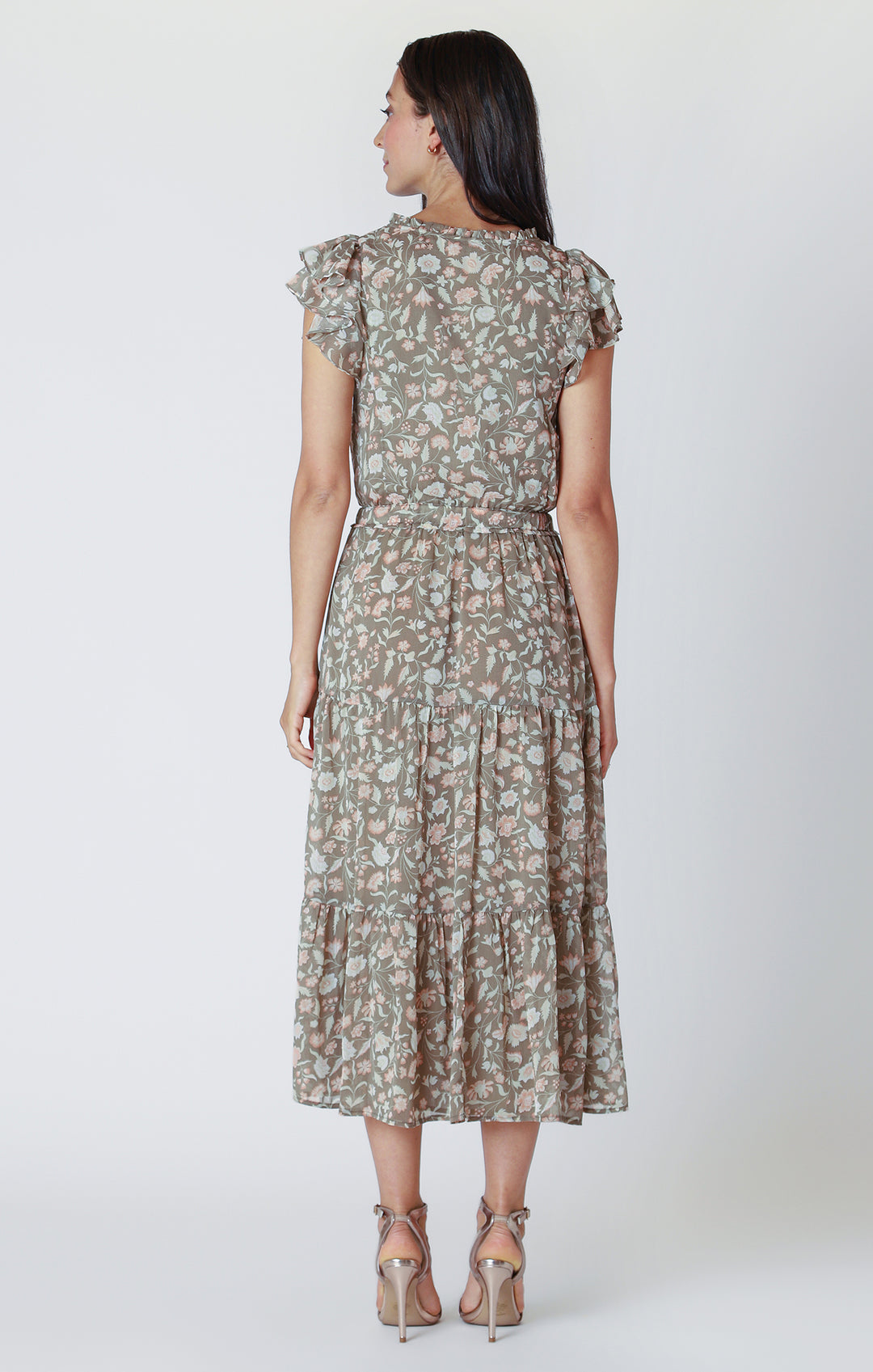 Flutter Sleeve Tiered Midi Dress