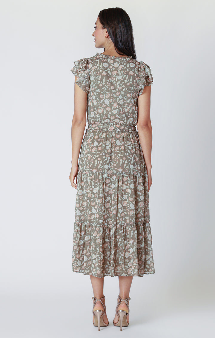 Flutter Sleeve Tiered Midi Dress