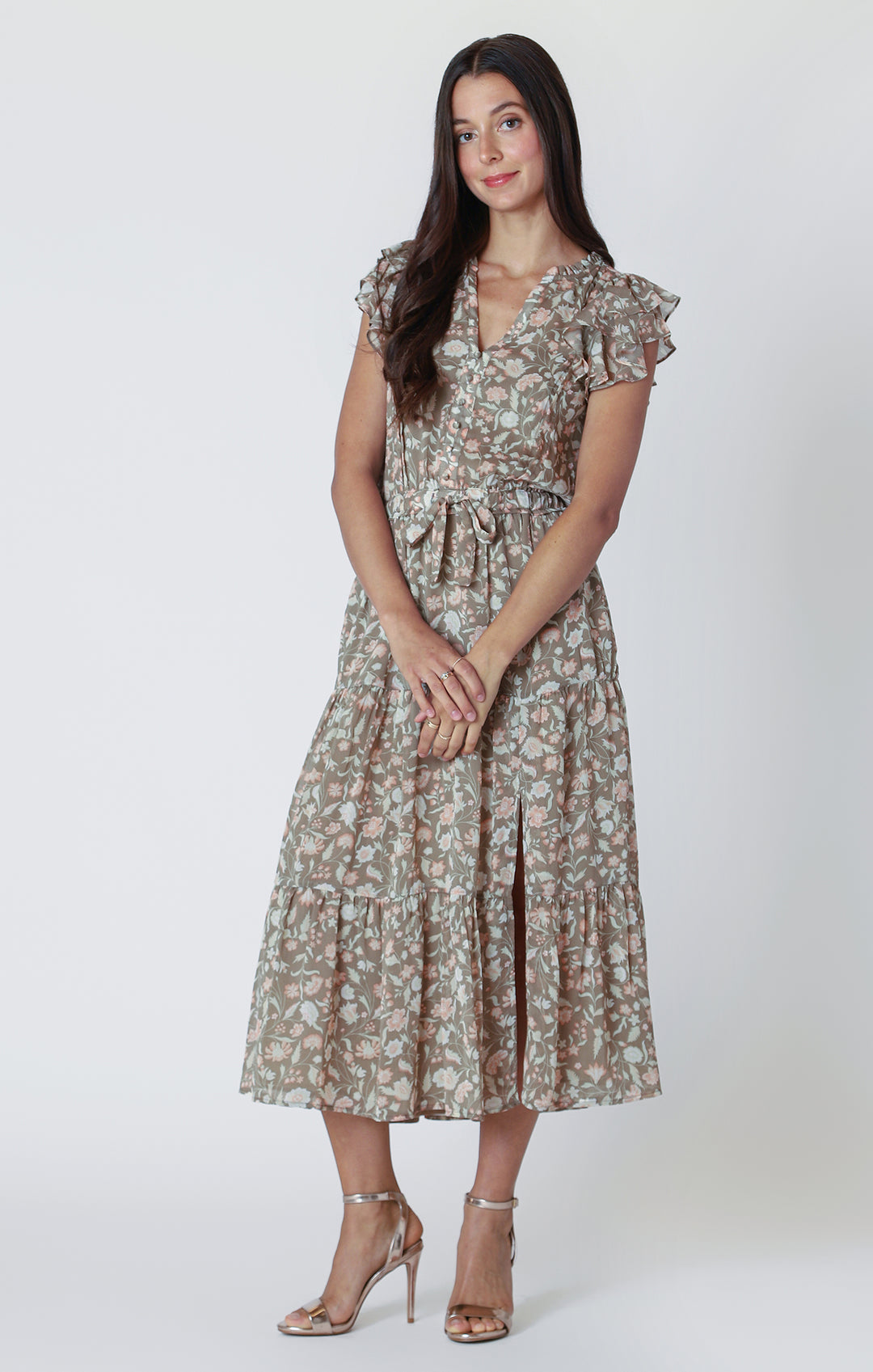 Flutter Sleeve Tiered Midi Dress