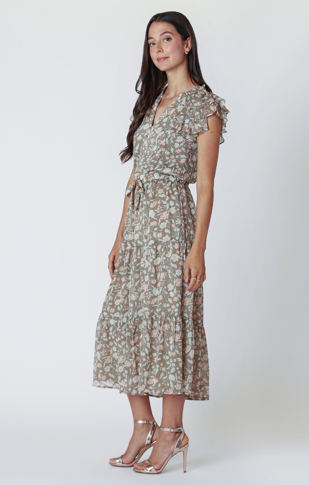 Flutter Sleeve Tiered Midi Dress