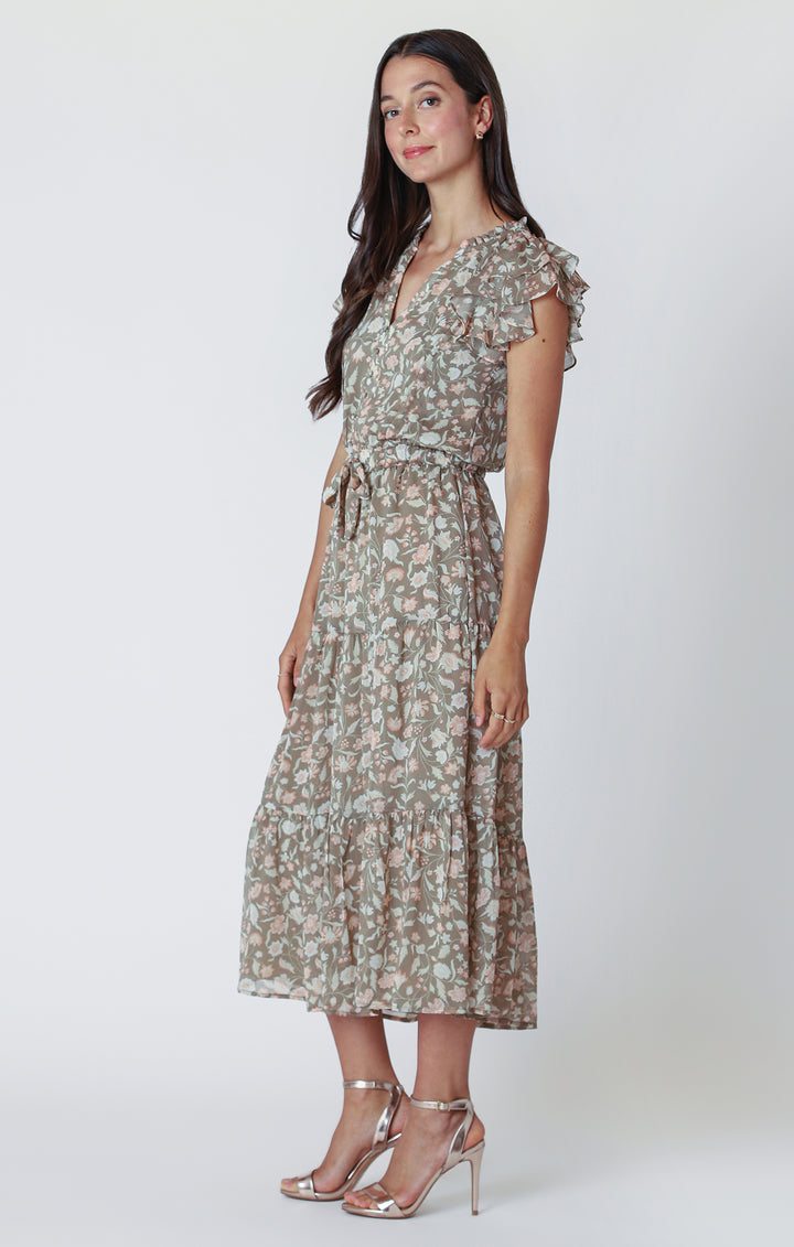 Flutter Sleeve Tiered Midi Dress