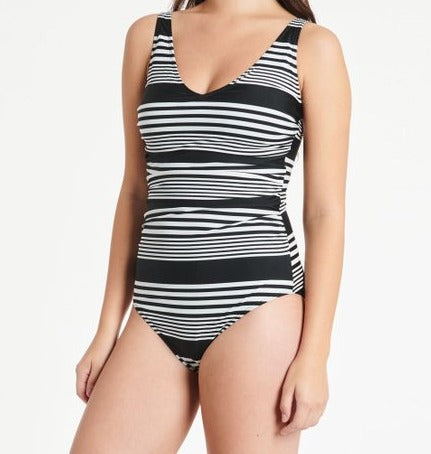 One Piece Swimsuit with Adjustable Straps - Black Stripe