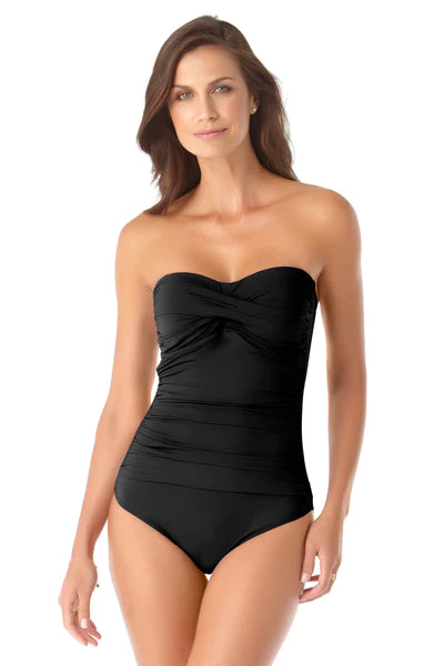 Twist Front Shirred Bandeau One Piece - Black