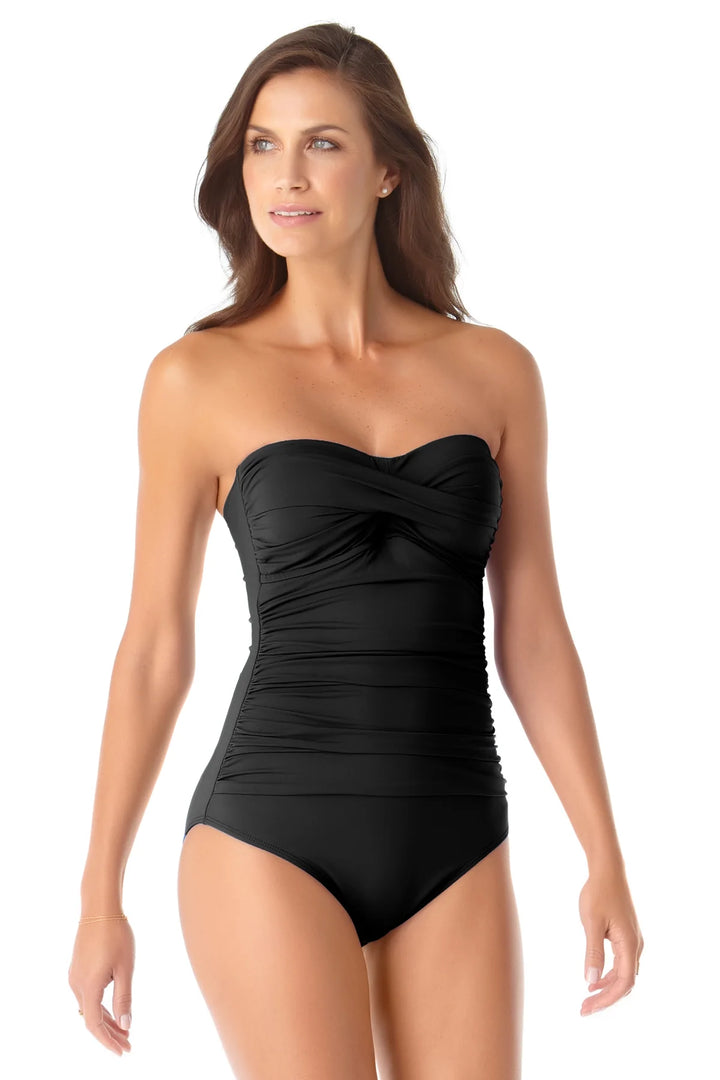 Twist Front Shirred Bandeau One Piece - Black