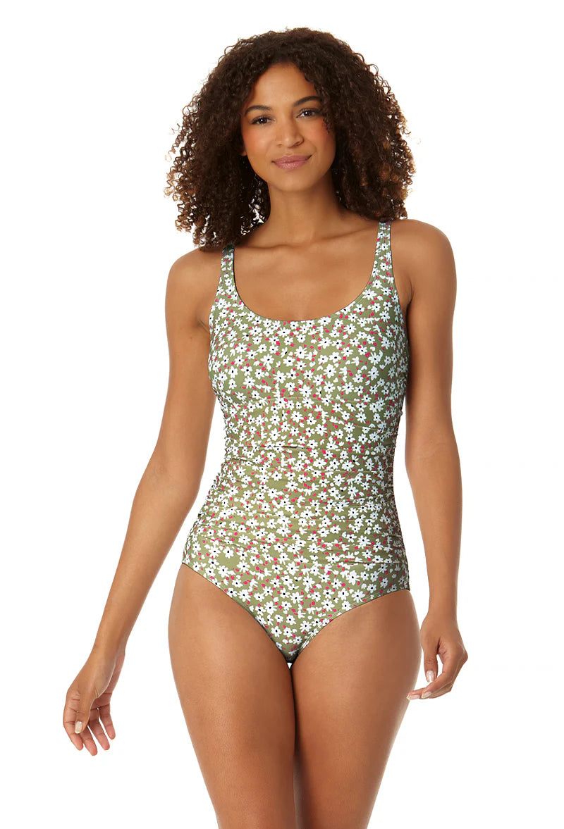Ditsy Drop Scoop Neck Shirred Swimsuit