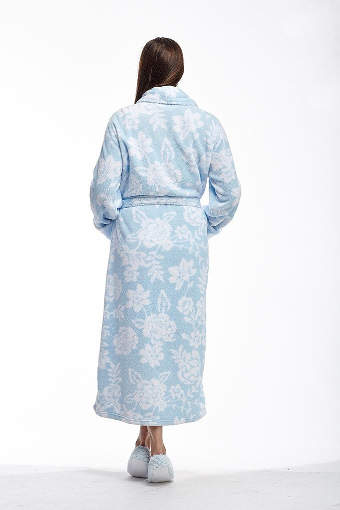 Floral Fleece Bathrobe with Belt - Blue - Size X-Large