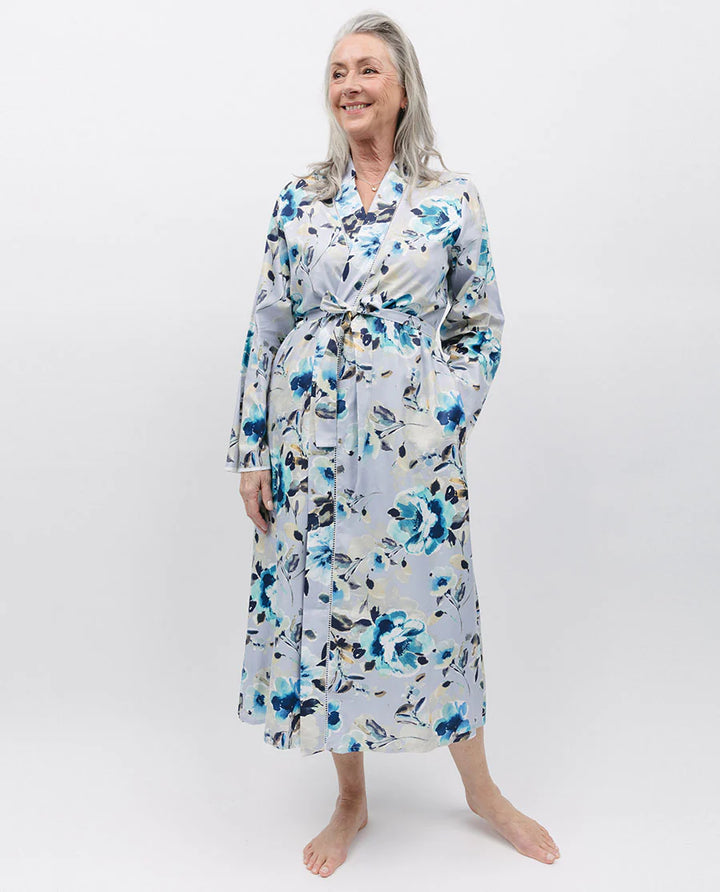 Maeve Lace Trim Grey Floral Print Long Robe