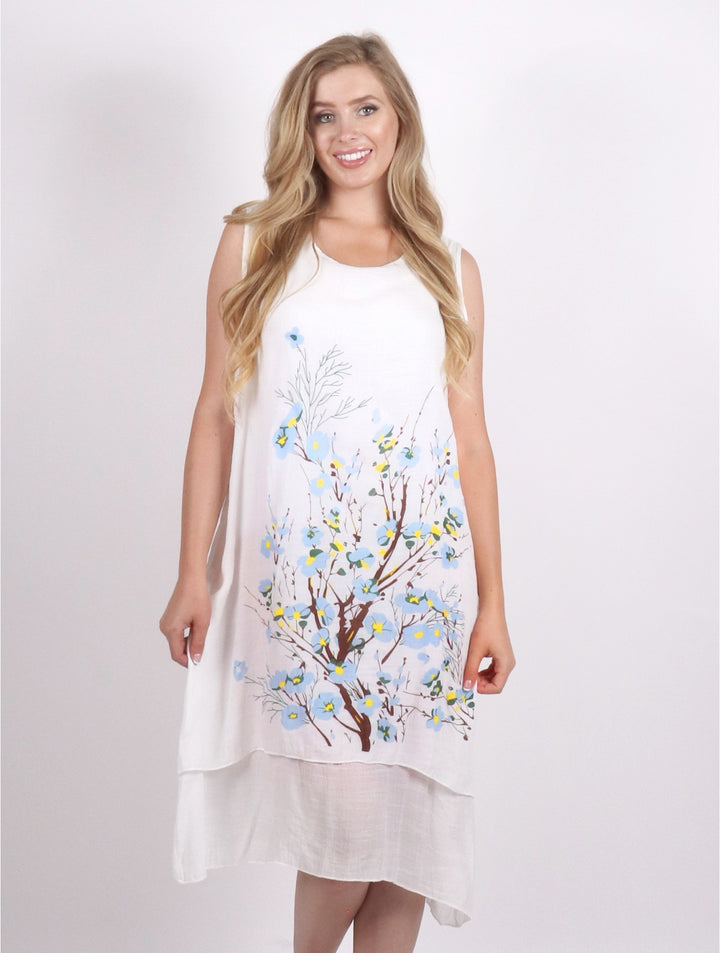 Layered Solid Shift Dress With Blue Cherry Blossom Print