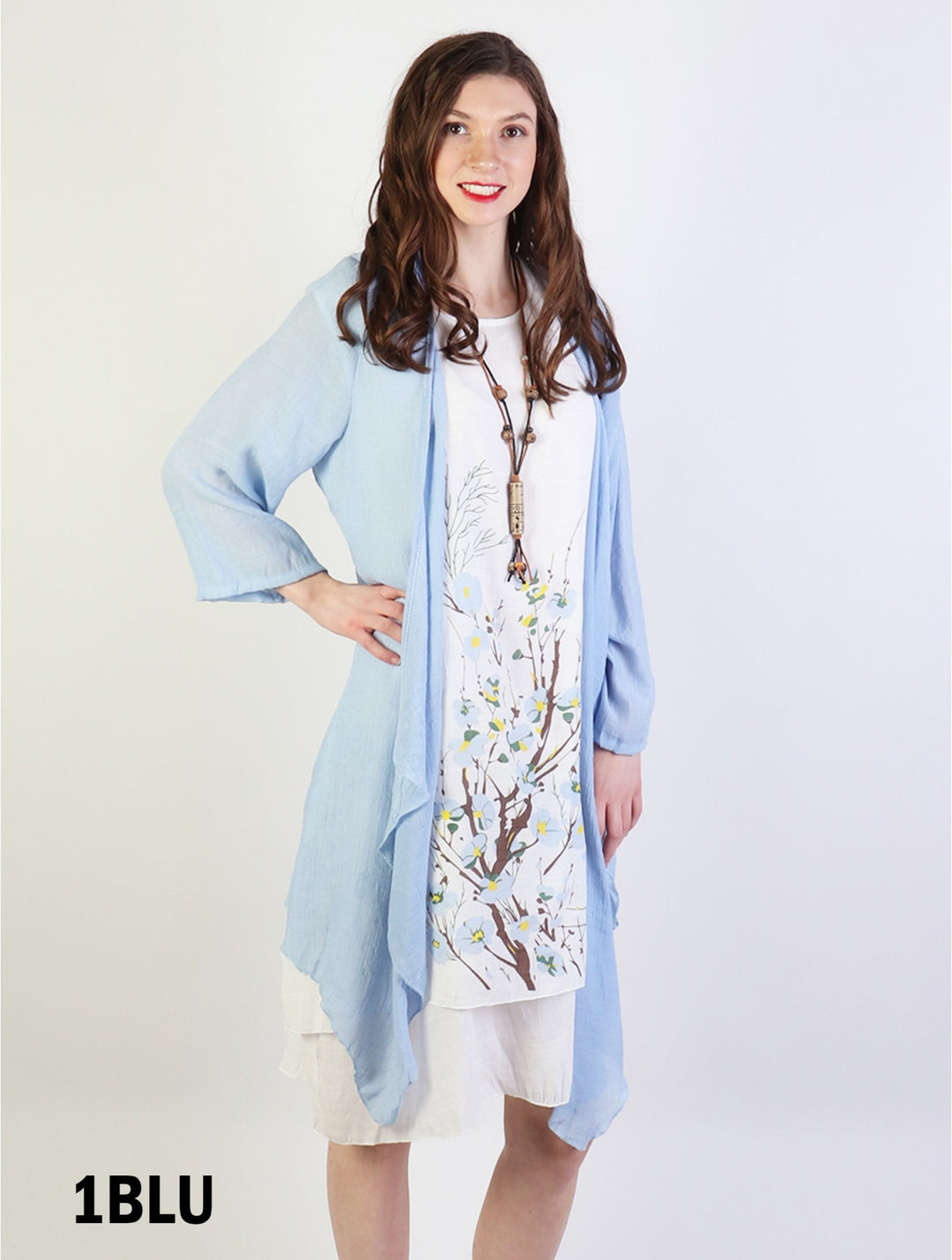 Layered Solid Shift Dress With Blue Cherry Blossom Print