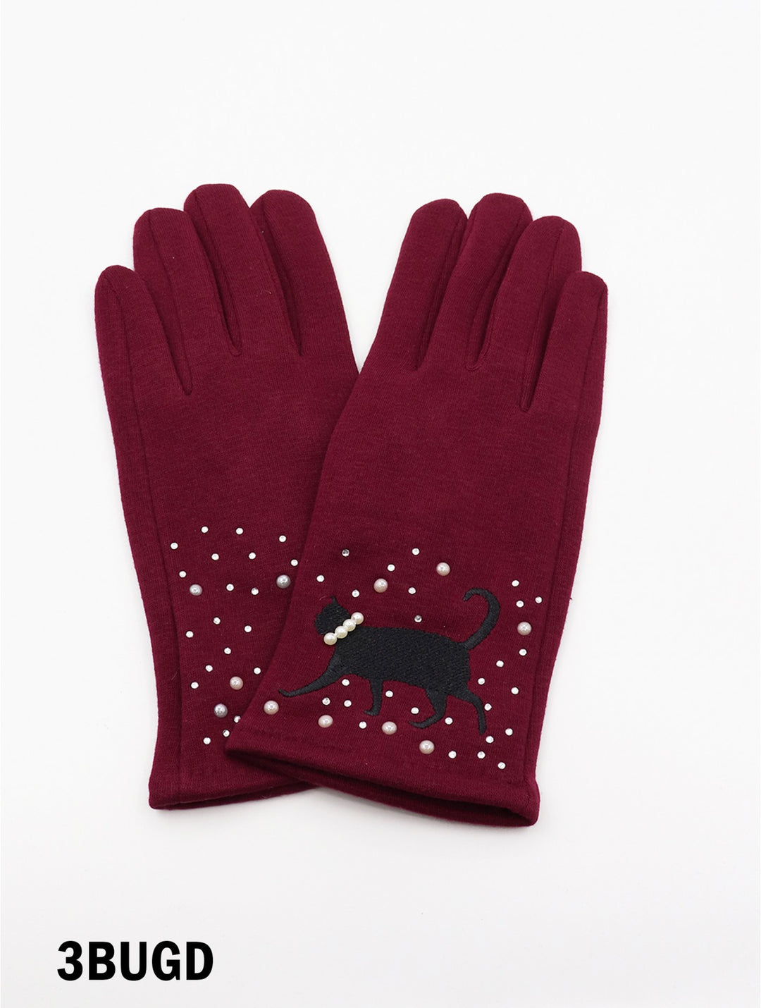 Cat Print Touch Screen Glove w/ Rhinestone & Pearls