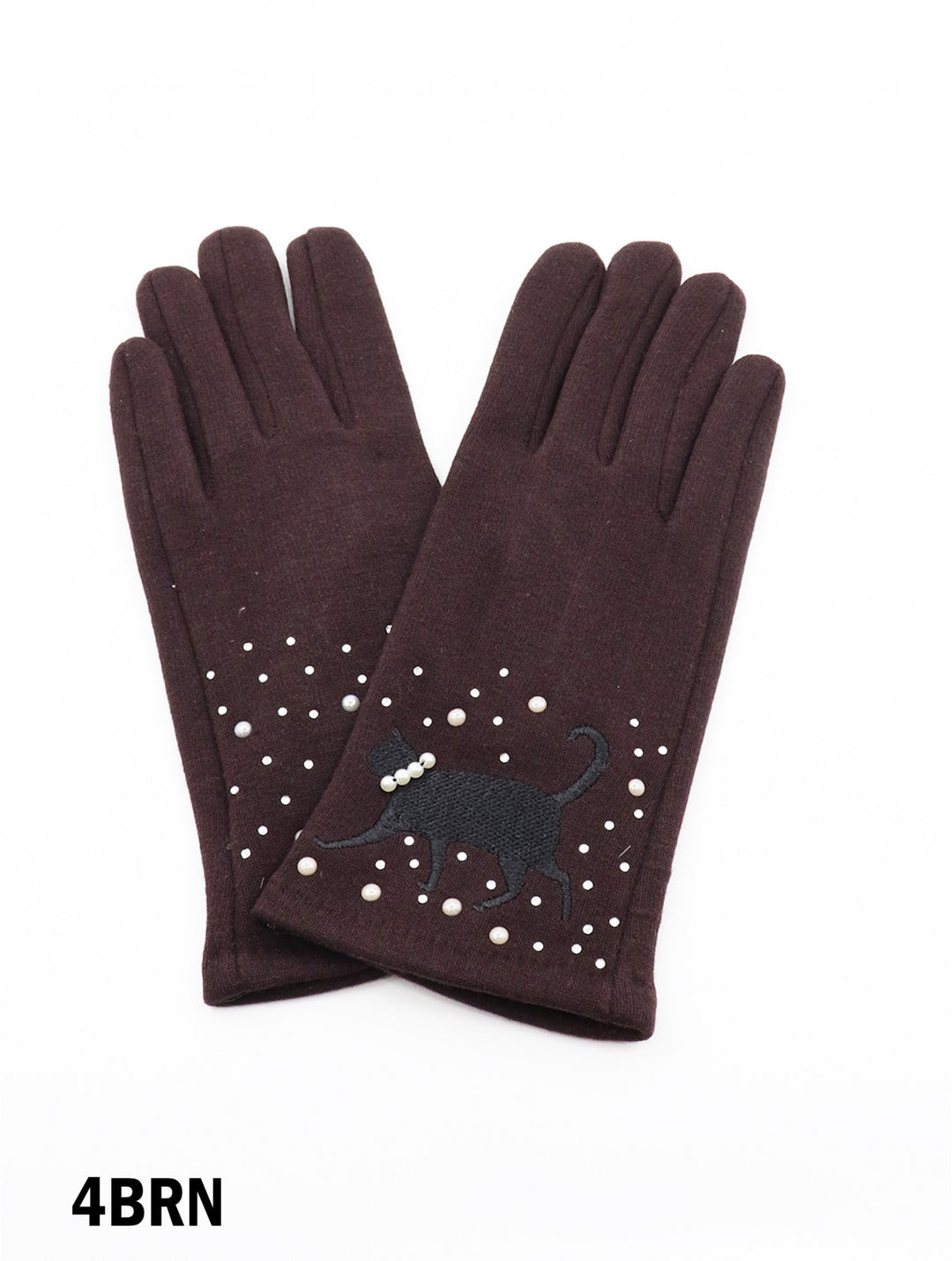 Cat Print Touch Screen Glove w/ Rhinestone & Pearls
