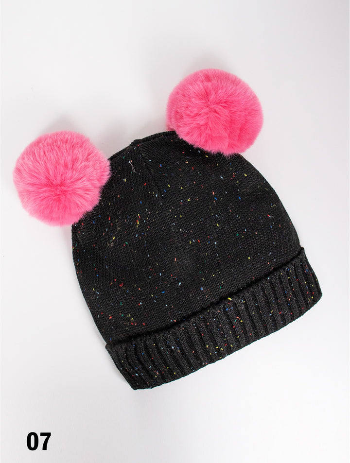 Colourful Speckled Knit Hat w/ Removable Double Pom Pom