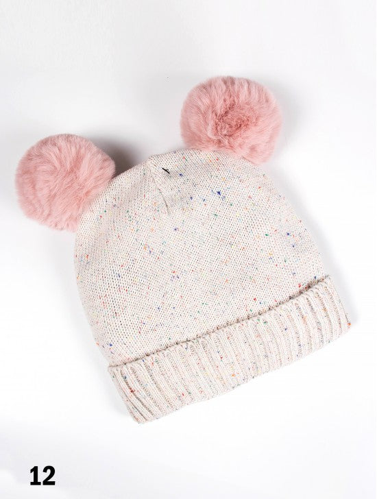 Colourful Speckled Knit Hat w/ Removable Double Pom Pom