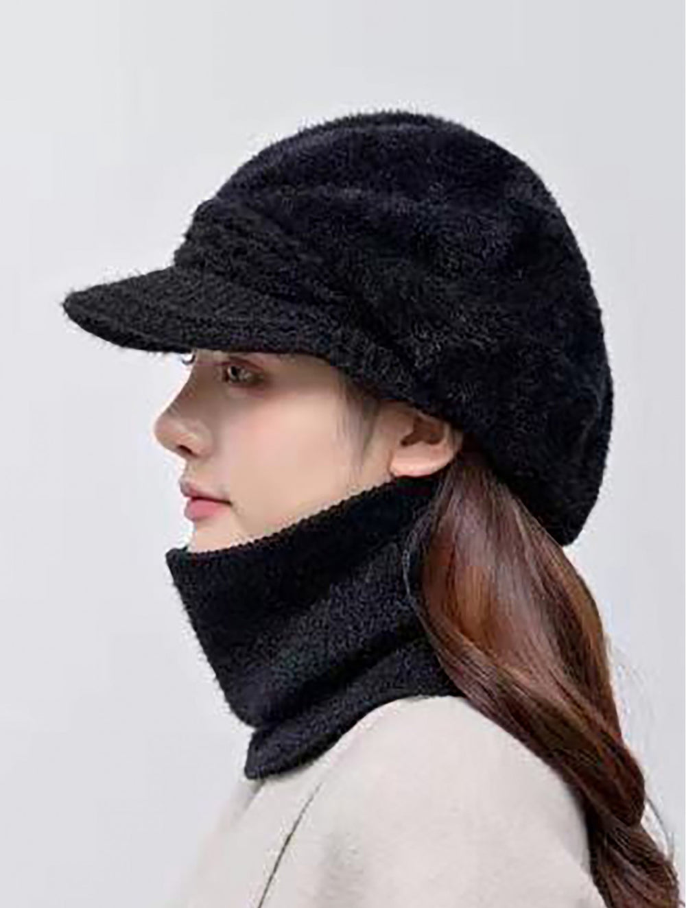 Solid Colour Warm Beanie Hat W/ Visor Brim and Scarf Set - Sheer Essentials Lingerie & Swimwear