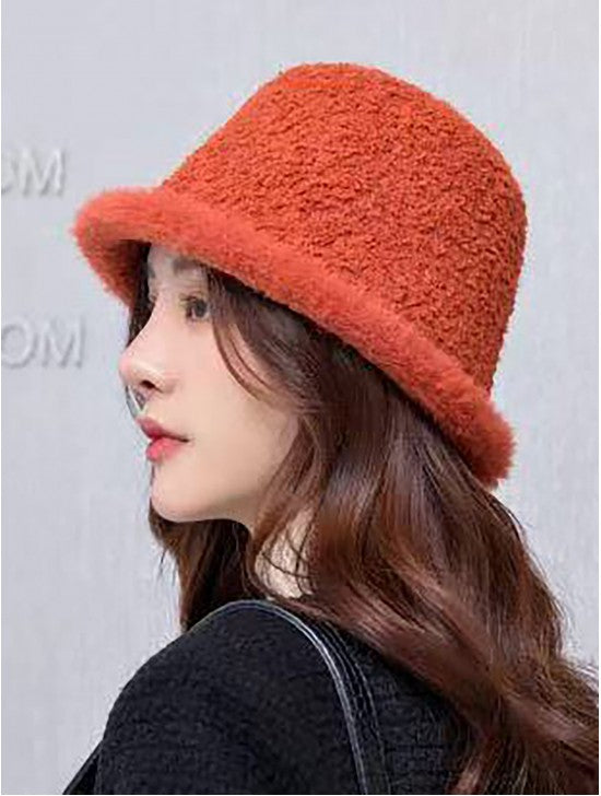 Solid Colour Fuzzy Bucket Hat with Brim