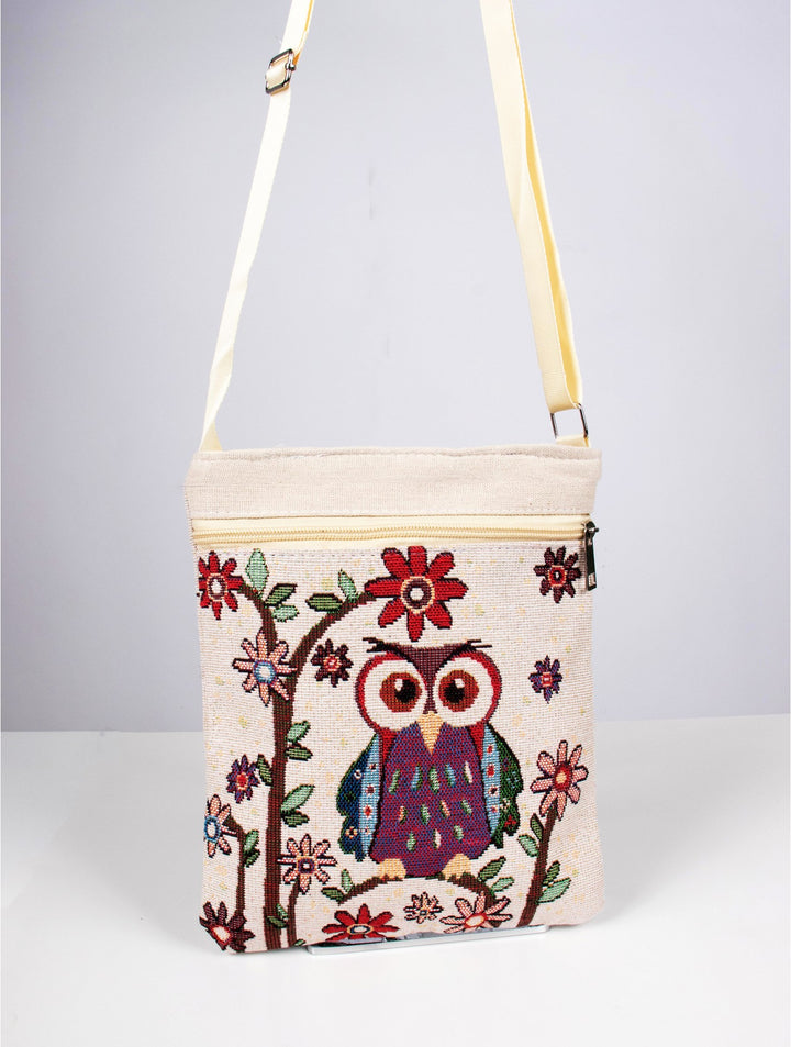 Owl Canvas Crossbody Bag with Zippers