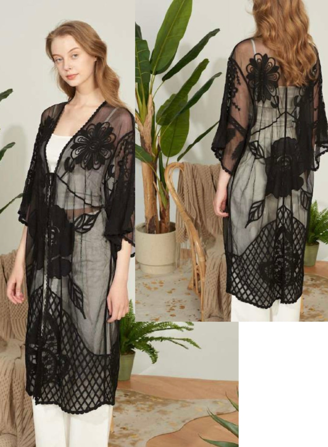 Lace Long Kimono - Black