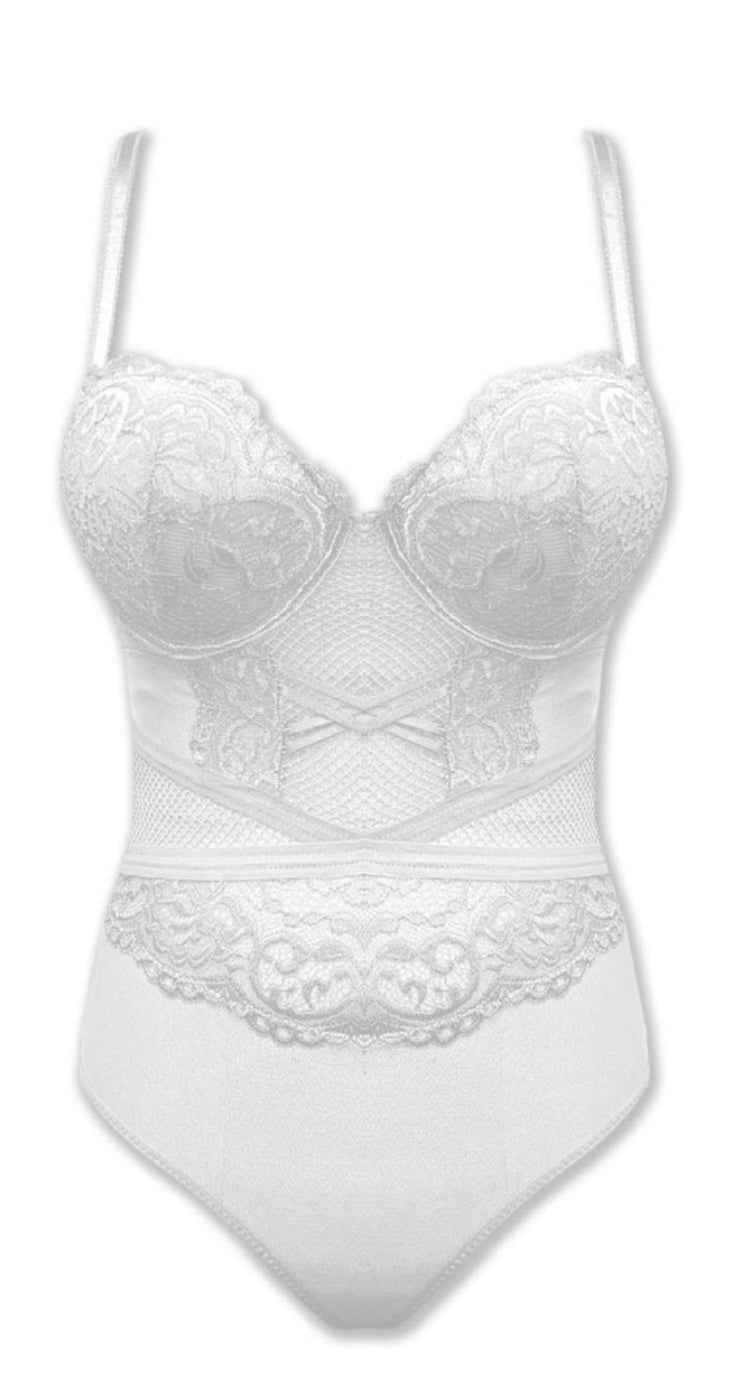 Mesh Bodysuit with Lace Padded Cups - White