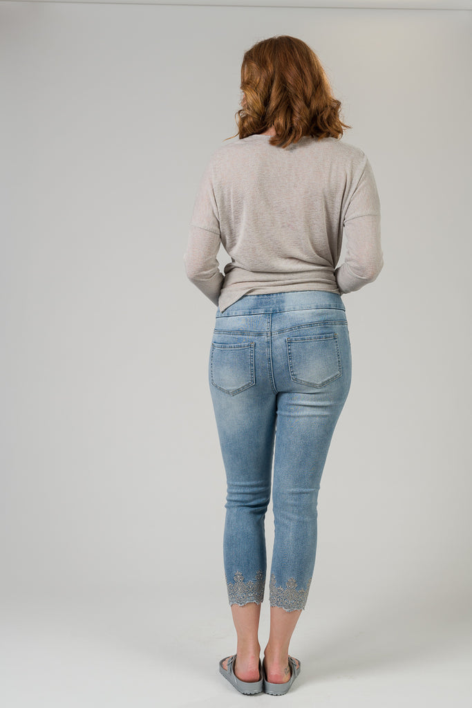 Pull On Embroidery and Rhinestone Denim Capri