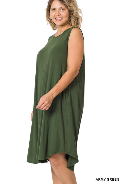 Sleeveless Round Neck Round Hem Midi Dress - Army Green