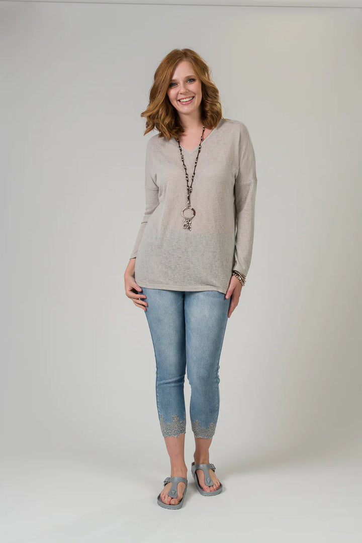 Pull On Embroidery and Rhinestone Denim Capri